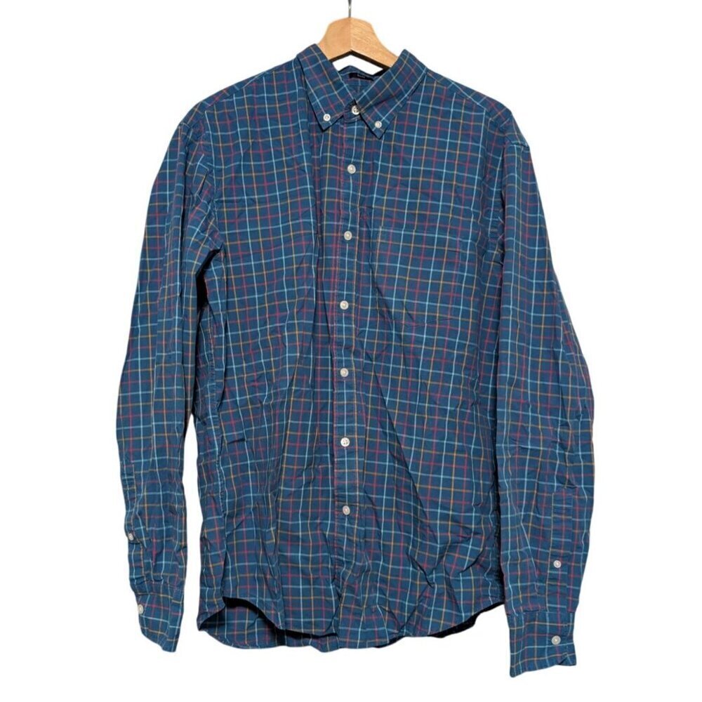 J Crew Flex Washed Slim Fit Blue Multicolor Plaid Check Button Shirt Mens Size L